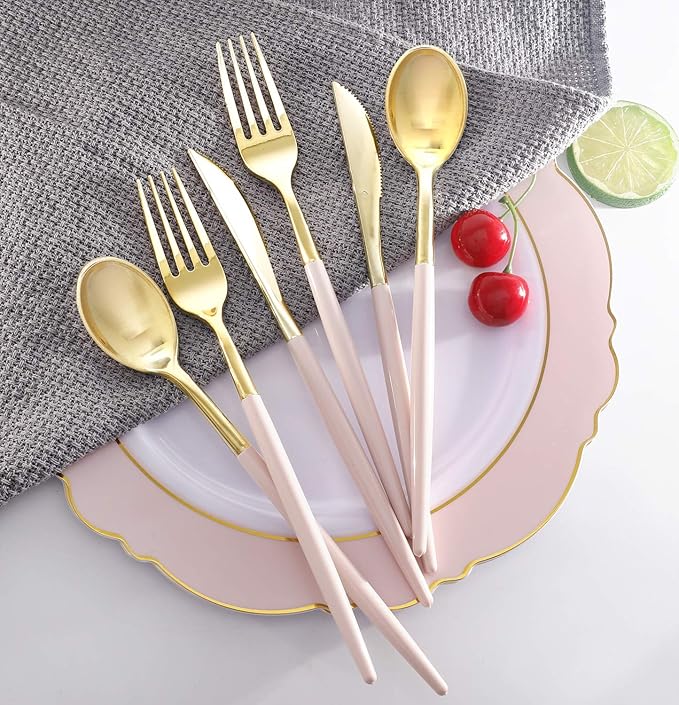 I00000 144 Pink Plastic Silverware, Fancy Gold Silverware with Pink Handle