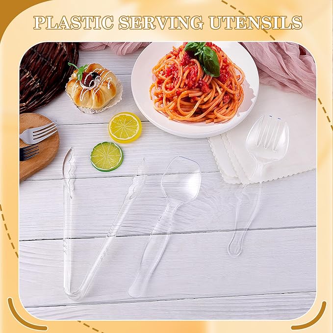 Mwellewm 36Pcs Serving Utensils Large Plastic Serving Utensils Set Serving Spoons for Buffet Clear Disposable Plastic Tongs 8.5'' Heavy Duty Slotted Spoons/Forks Supplies for Party Food Salad Soup