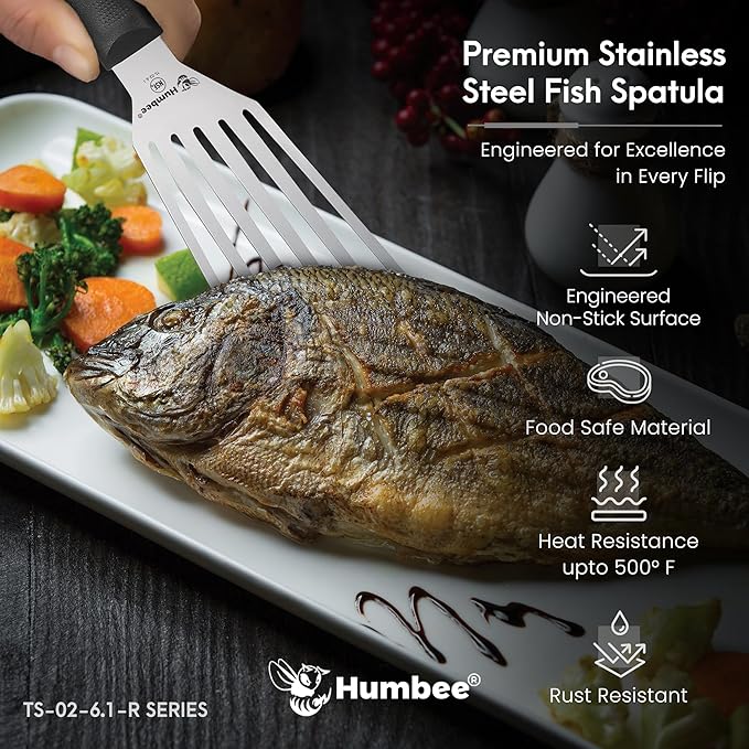 HUMBEE 6 Inches Fish Turner, Slotted Fish Spatula Dishwasher Safe NSF (Left Hand), Shovel Black