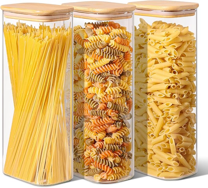 ComSaf Pasta Containers Storage 2.2 Qt, Set of 3 Tall Glass Spaghetti Jar