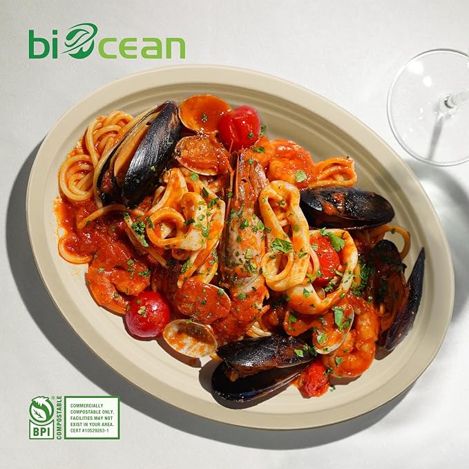 biocean 12.5 Inch Compostable Oval Plates [125-Value Pack] - Sustainable and Heavy-Duty Compostable Paper Plates, Natural Sugarcane Bagasse Biodegradable Plate, Natural Brown