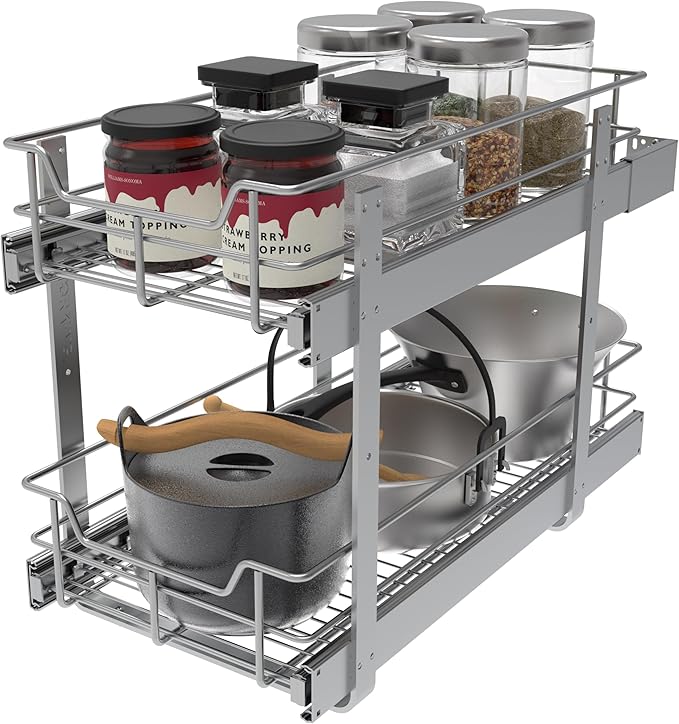 2 Tier Pull Out Cabinet Organizer 11" W X 22" D, Chromed, Full Slide Out