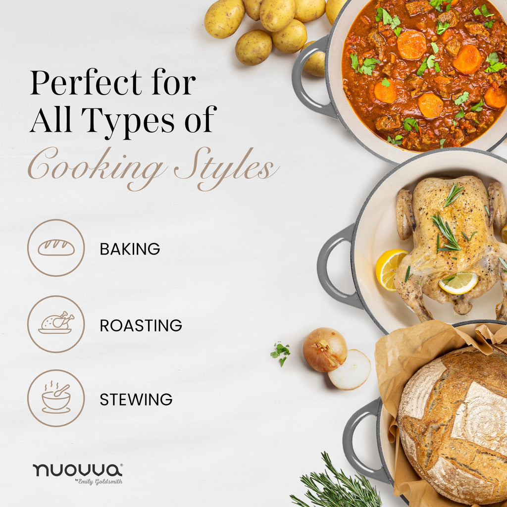Cast Iron Pot with Lid-Non-Stick Ovenproof Enamelled Casserole Pot, Oven Safe up to 500° F-Sturdy Dutch Oven Cookware - Grey, 5-Quart, 24cm-by Nuovva
