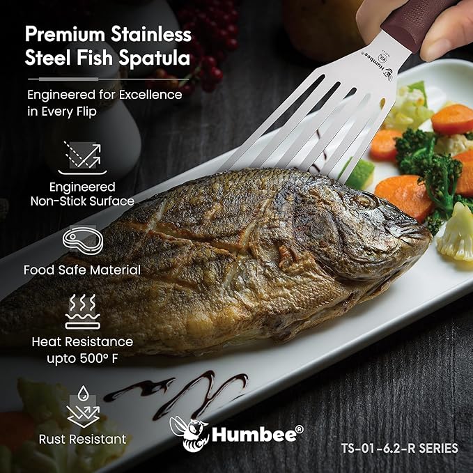 HUMBEE 6 Inches Fish Turner, Slotted Fish Spatula Dishwasher Safe NSF, Shovel Brown