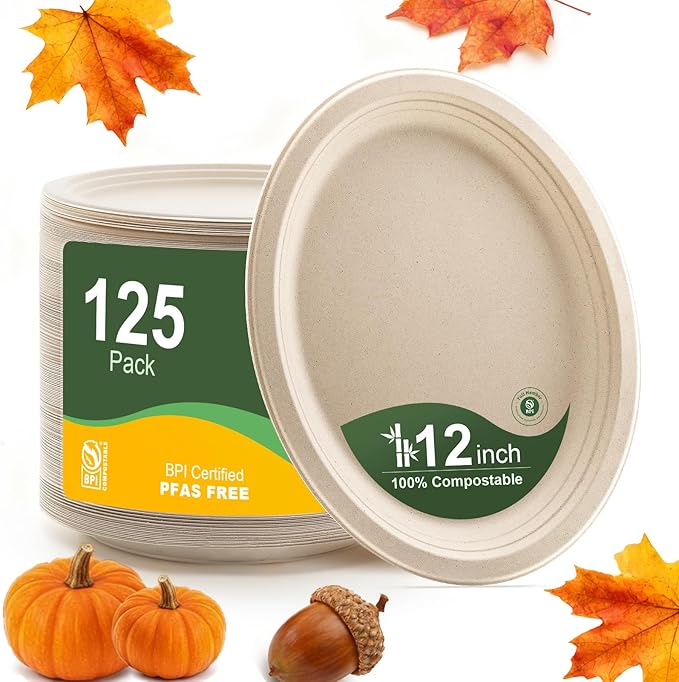 WELLIFE 100% Compostable Oval Paper Plates 12 Inch 125-Pack Large Plates