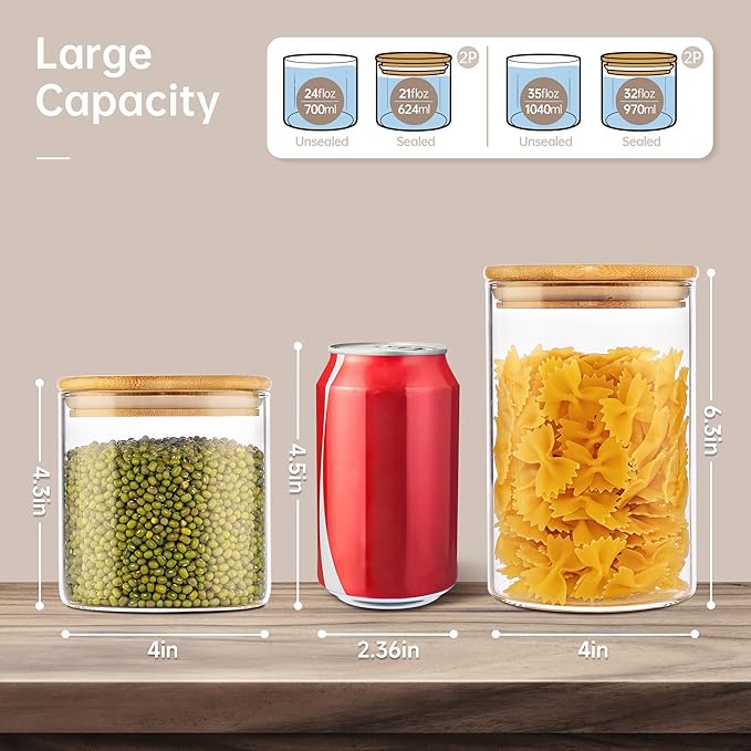 32 oz & 21 oz Round Glass Food Storage Containers with Bamboo Lids, 4 Pack