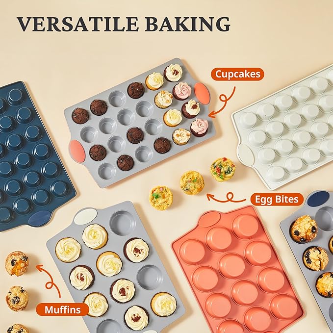 BRONYPRO Ceramic Muffin Pan, 12-Cup and 24-Cup Nonstick Aluminized Steel Mini Cupcake Pans, Healthy Non-Toxic Ceramic Coating Muffin Tin, 2 Pack Cup Cake Pans for Baking Blue