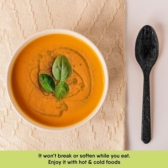 Premium Quality100% Biodegradable Black Spoons Made of Vegetable Fibers, 100 PCS of 6.7” Long Heavy-Duty and Splinter Free Eco-Friendly Spoons, Perfect Sustainable Cutlery for All Types of Occasions
