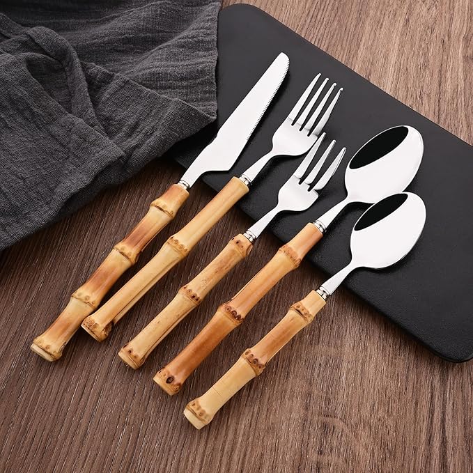 Uniturcky Dessert Spoon Set with Bamboo Handle, 8-Piece Stainless Steel Shiny Silver Dessert Spoon, Natural Bamboo Cutlery, Creative Design Small Spoons for Home Restaurant, 6.65 inch, Handcrafted