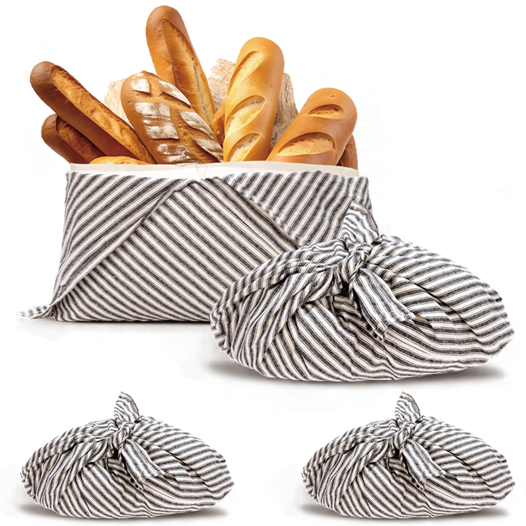 yeload 2 Pack Beeswax Bread Bags, Striped Linen Bento Bags, 14" Cotton Loaf Bag, Reusable Organic Food Storage, Sourdough Bag, Rustic Farmhouse Azuma Bukuro Origami Wrap for Baked Gifts (Black, 2)