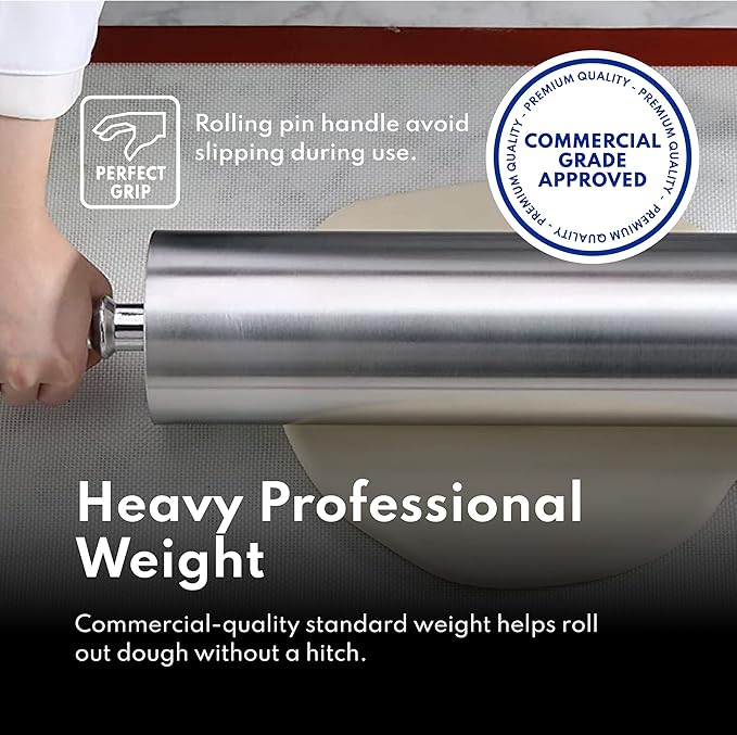 New Star Foodservice 13 Inch Aluminum Rolling Pin, Extra Heavy Duty Restaurant Grade Dough Roller with Rotating Barrel and Handles, Silver