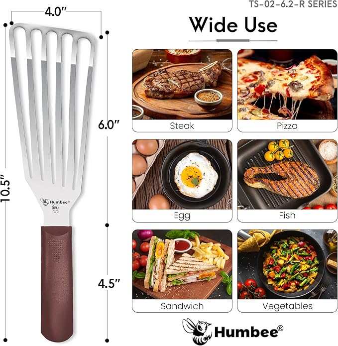 HUMBEE 6 Inches Fish Turner, Slotted Fish Spatula Dishwasher Safe NSF (Left Hand), Shovel Brown