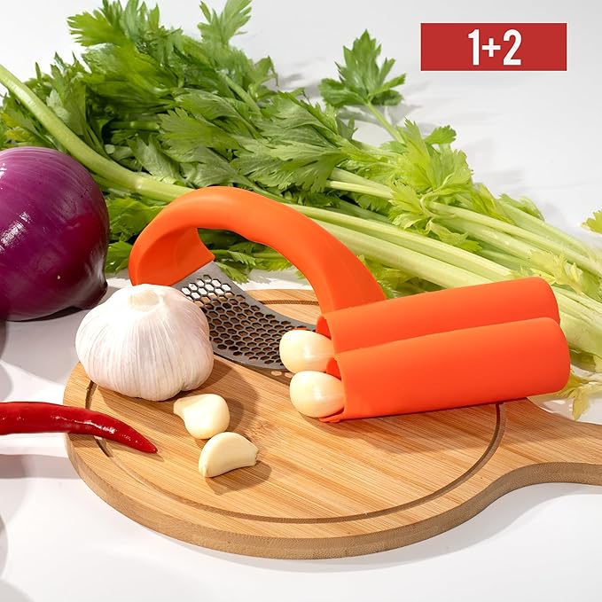 Li&Zhao Stainless Steel Garlic Press Rocker - Garlic Crusher Stainless Steel Garlic Mincer Tool Garlic Rocker with Garlic Peeler Garlic Smasher for Kitchen Cooking(Orange)