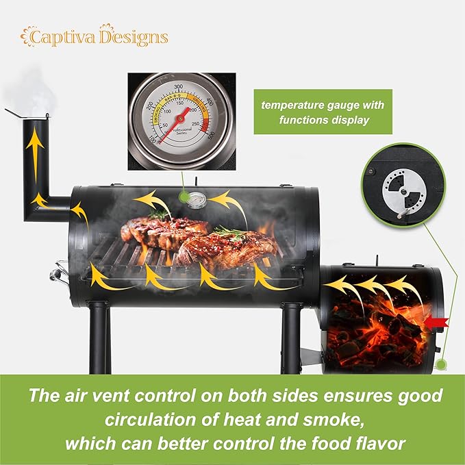 Captiva Designs Charcoal Grill with Offset Smoker for Outdoor Barbecue
