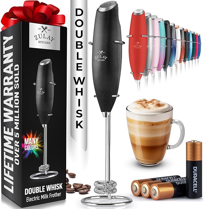 Zulay Kitchen Powerful Milk Frother Wand With Duracell Batteries - Ultra Fast Handheld Drink Mixer - Electric Whisk Foam Maker for Coffee, Lattes, Cappuccino & Matcha - Double Whisk - Metallic Black