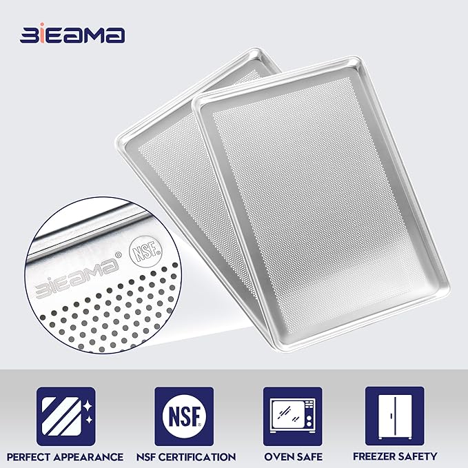 BIEAMA 6 Pack Full Size 18" x 26" Aluminum Baking Sheet Pan Perforated, Commercial Bakery Equipment Cookie Sheets, NSF Approved Baking Tray
