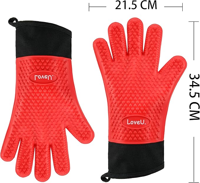 Loveuing Kitchen Oven Gloves - Dual-Layer Heat Resistant Grilling Gloves, Silicone Oven Mitts with 5 Fingers, Waterproof Non-Slip Pot Holder for Barbecue, Cooking, Baking (Red, Long)