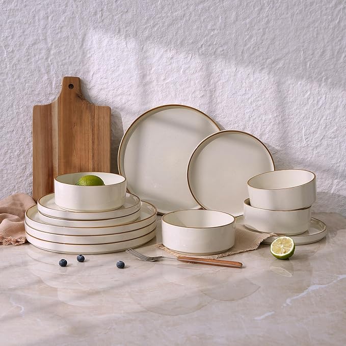 Famiware Nebula 12-Piece Dinnerware Set, Vanilla White with Brown Rim