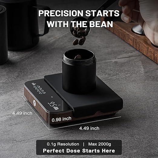KitchenTour CaféMetric Coffee Scale with Timer 0.1g/2000g - Precision Small Scale for Espresso & Pour Over - Mini Scale with LED Display Recharge Black