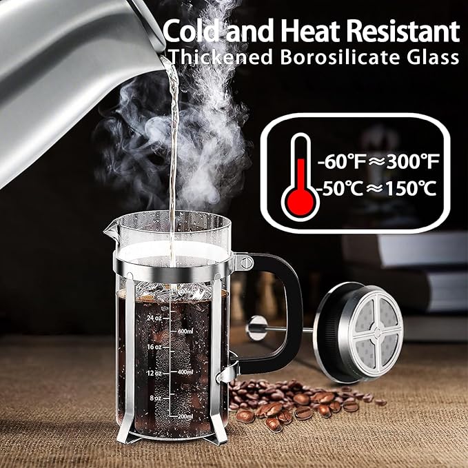 YMMIND French Press Coffee Maker 304 Stainless Steel Coffee Press,with 4 Filters System, Heat Resistant Thickness Borosilicate French Press Glass, BPA-Free Brewed Tea Pot Coffee Plunger