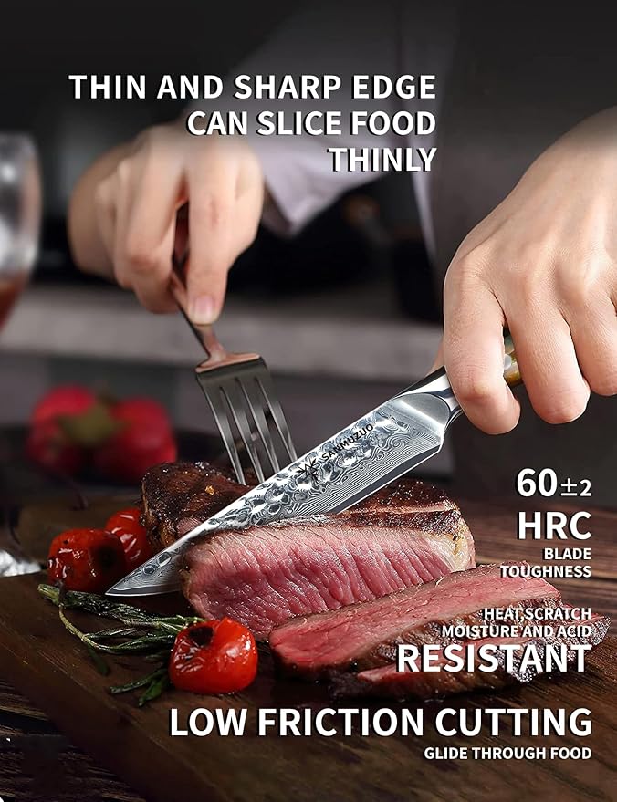 SANMUZUO Steak Knives Set of 4, Ultra Sharp Kitchen Steak Knife 5 Inch - Forged Damascus Steel & Resin Handle - Yao Series