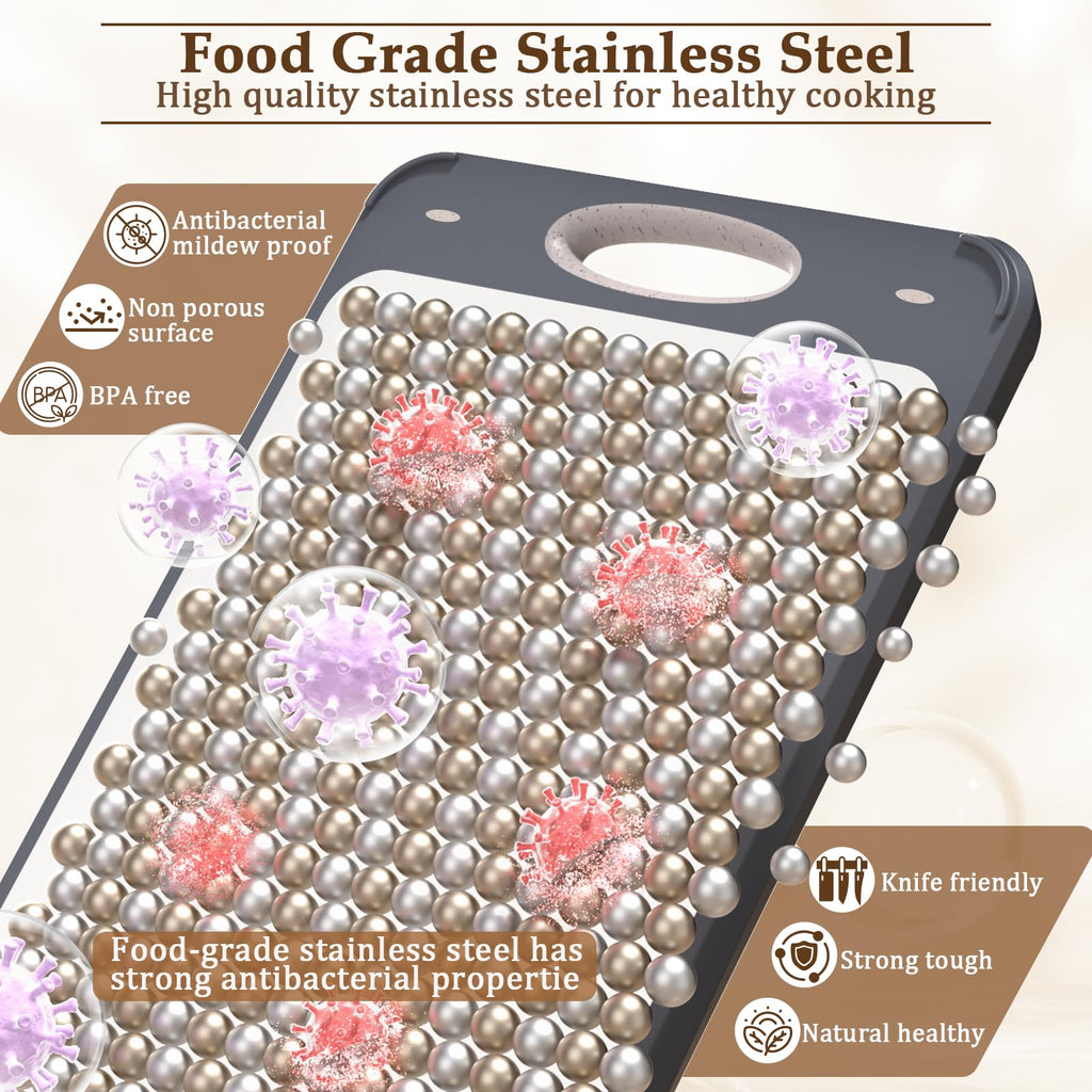 GUANCI Stainless Steel Cutting Board for Kitchen, Non Toxic 2-in-1 Double Sided Design, 304 Food Grade Stainless Steel & Wheat Straw PP, Durable Chopping Board for Meat & Vegetables, 14×9.6 Inch