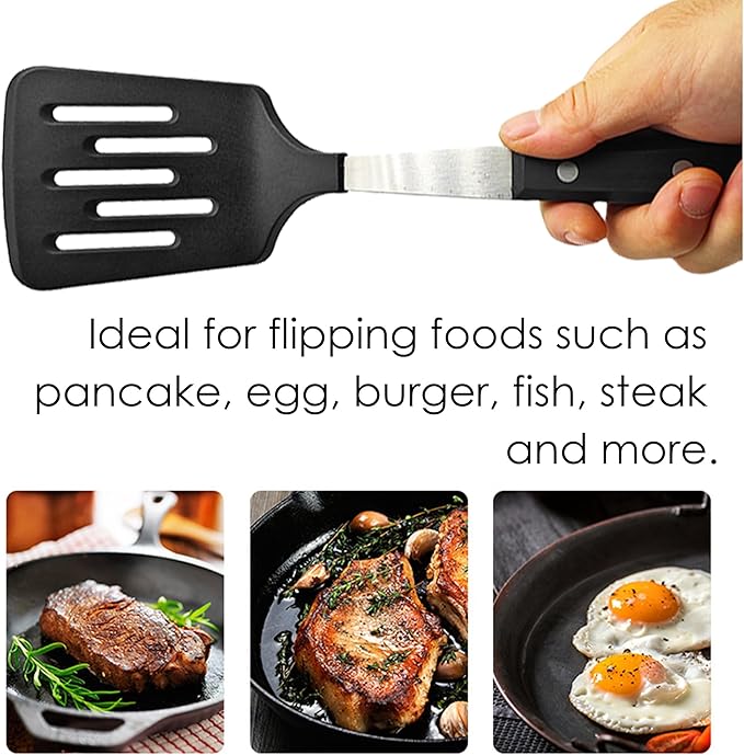 FONGLUAN Stainless Steel Cooking Slotted Turner With Heat-resistant BPA-free nylon head Safe for Non-Stick Cookware POM Handles Heavy Duty Kitchen Spatulas For Serving