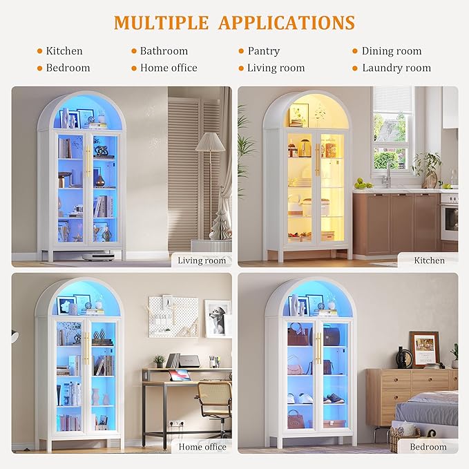 Dystler Arched Kitchen Pantry Cabinet with Glass Doors, Display Curio Case with 3 Color LED Lights for Collectibles, Modern 5-Tier Storage Hutch Cabinet, White