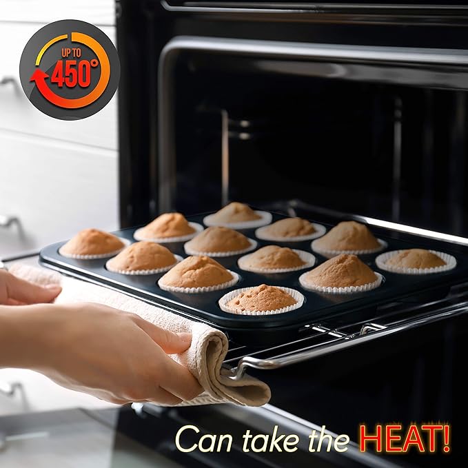 NutriChef Stackable Non-Stick Baking Pan Set – Carbon Steel Bakeware Set w/ Cookie Sheet, Muffin & Loaf Pan, Double Coated for Easy Release, Oven & Dishwasher Safe, Resists Warping, – Easy to Clean