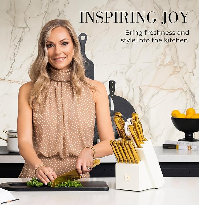 Styled Settings Gold Knife Set with Block and Sharpener, 14-Piece