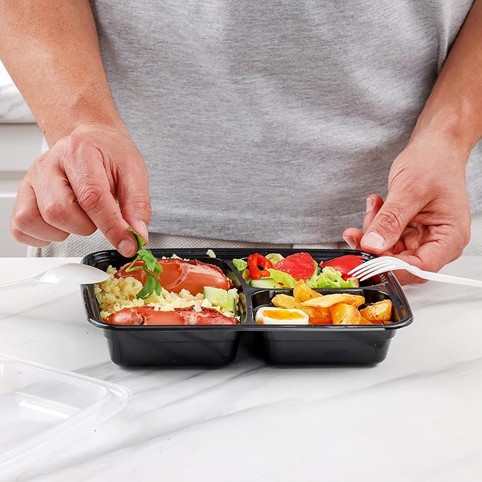 GUSTO 24 oz - 3 Compartment Meal Prep Containers with Lids – [50 Count] Reusable, Microwaveable, Dishwasher & Freezer Safe, BPA-Free Food Storage Boxes for Portion Control (Formerly Comfy Package)