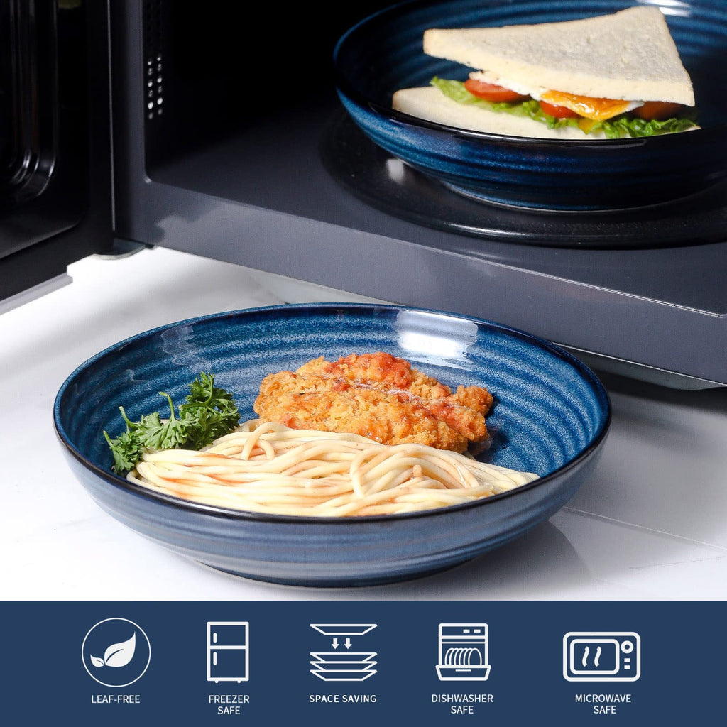 HASENSE Pasta Bowls Set of 2, 8.7 Inch Reactive Glazed Ceramic Salad Serving Bowls for Kitchen, 32 Ounce Shallow Bowls for Pasta Soup Salad Dinner, Microwave Dishwasher Safe, Navy Blue