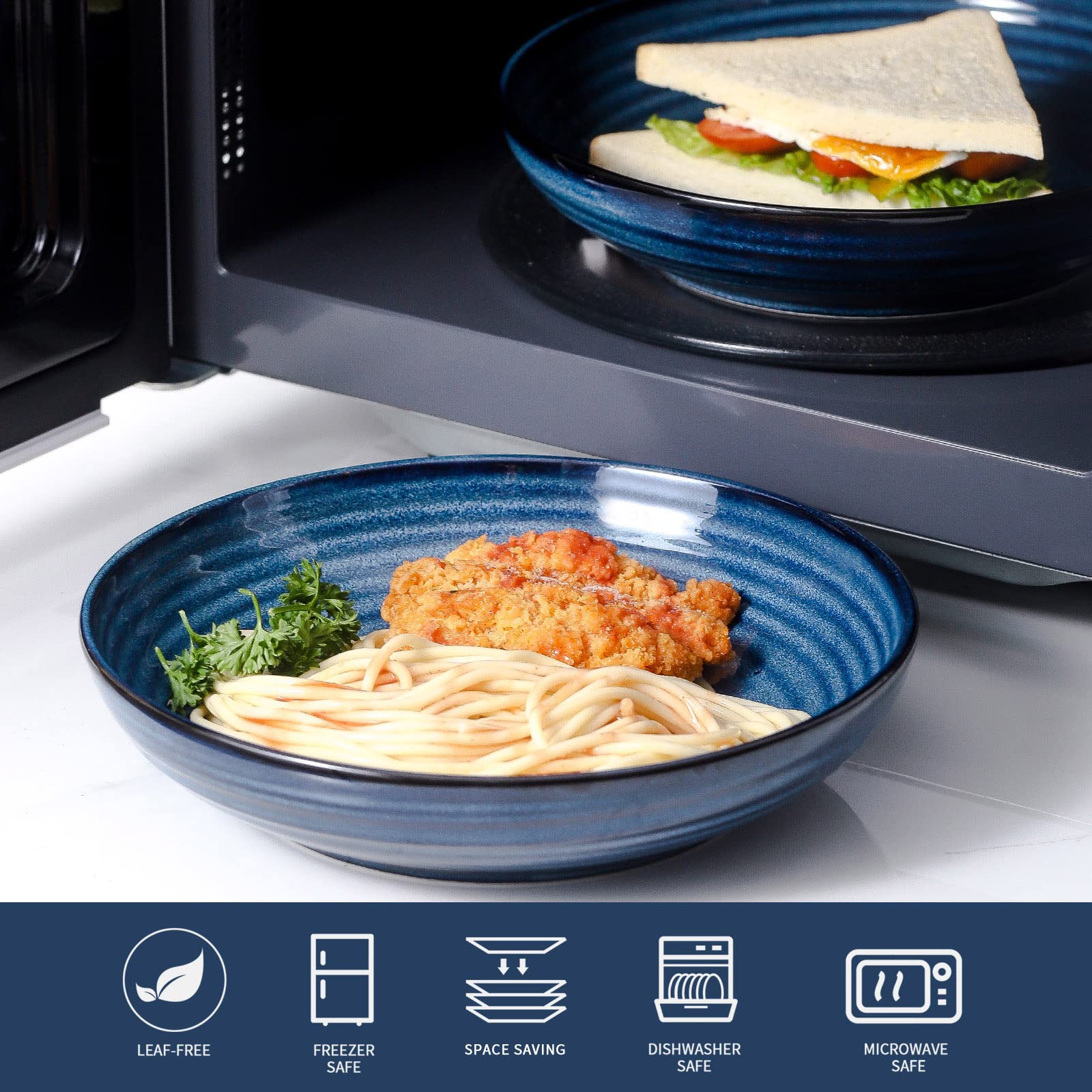 HASENSE Pasta Bowls Set of 2, 8.7 Inch Reactive Glazed Ceramic Salad Serving Bowls for Kitchen, 32 Ounce Shallow Bowls for Pasta Soup Salad Dinner, Microwave Dishwasher Safe, Navy Blue