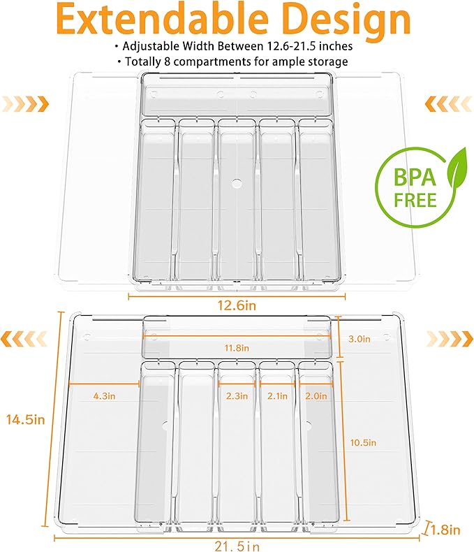 Baosia Silverware Drawer Organizer, Expandable Utensil Tray for Kitchen Drawers,BPA Free Flatware and Cutlery Holder,Adjustable Plastic Storage for Utensil like Spoons, Forks, Knives.Clear