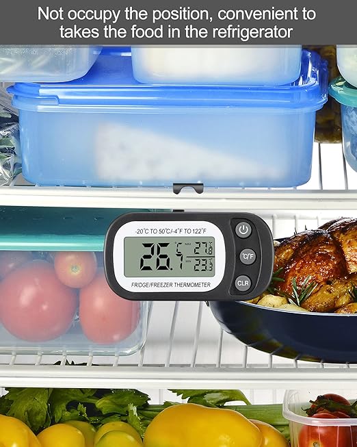 Frienda 12 Pcs Black Digital Fridge Thermometer Waterproof Refrigerator and Freezer Max/min Record Function LCD Screen Refrigerator Thermometer with Hook and Magnetic Back for Home (Button)