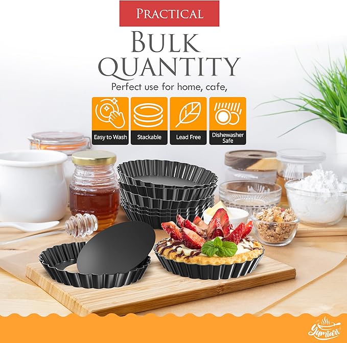 YUMTART 4 Inch Round Tart Pan 8 Pieces, False Bottom Pie Pan, Deep Fluted Tart and Quiche Pan with Removable Bottom - Non-Stick Tart Pan