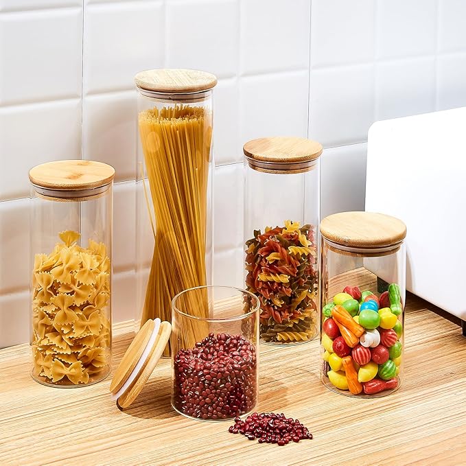 SHOWIN 73oz Glass Pasta Storage Jars, Tall Glass Jars with Bamboo Lids, Spaghetti Container, Set of 3, Kitchen Storage Containers for Pasta, Pantry Organizers