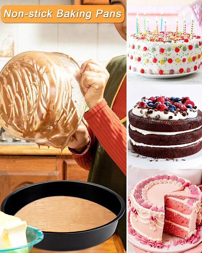 8" Round Cake Pan Set (3-Pack) with100 Parchment Papers,Non-Stick Layer Pan