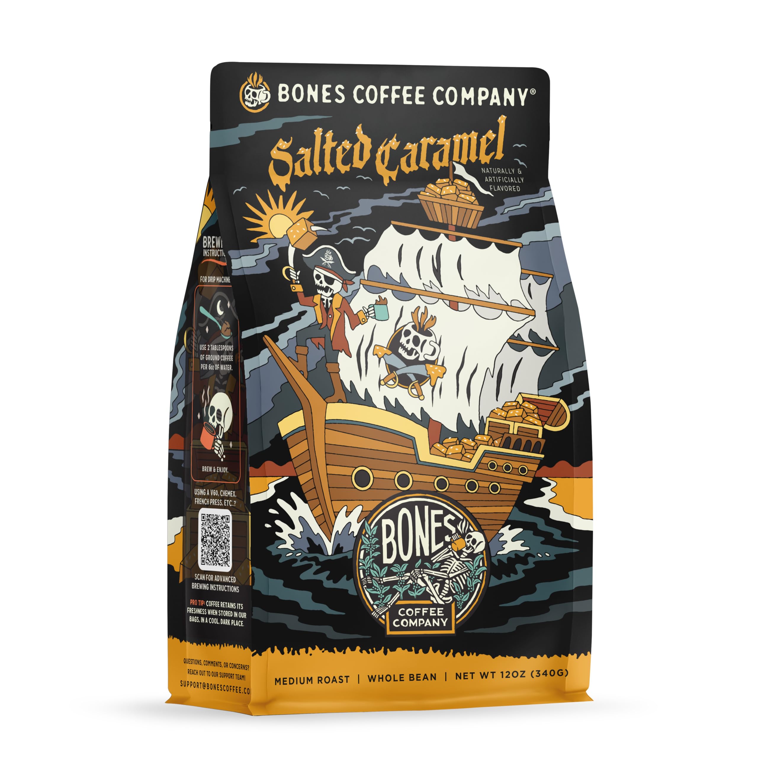 Bones Coffee Company Salted Caramel Flavored Coffee, Medium Roast Low Acid Arabica Beans Compatible with Auto drip and French Press Coffee Maker, 12 Oz Whole Bean