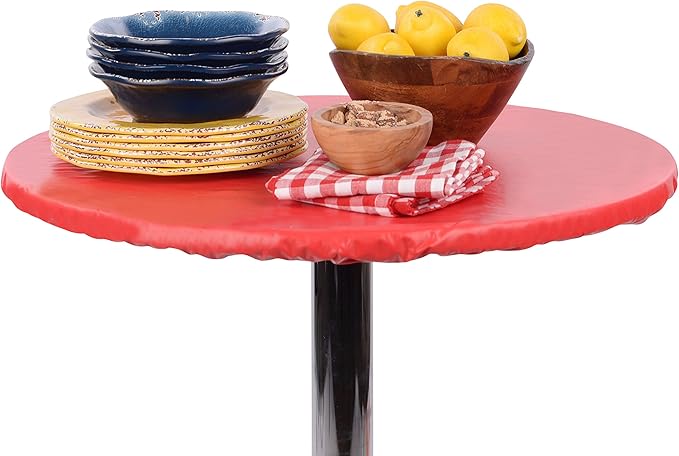 Yourtablecloth Heavy Duty Vinyl Round Fitted Tablecloth (Table Cover) with Flannel Backing Vibrant Colors Elasticized Tablecloth Great for Indoor and Outdoor Dining and Playing Cards 42” Black