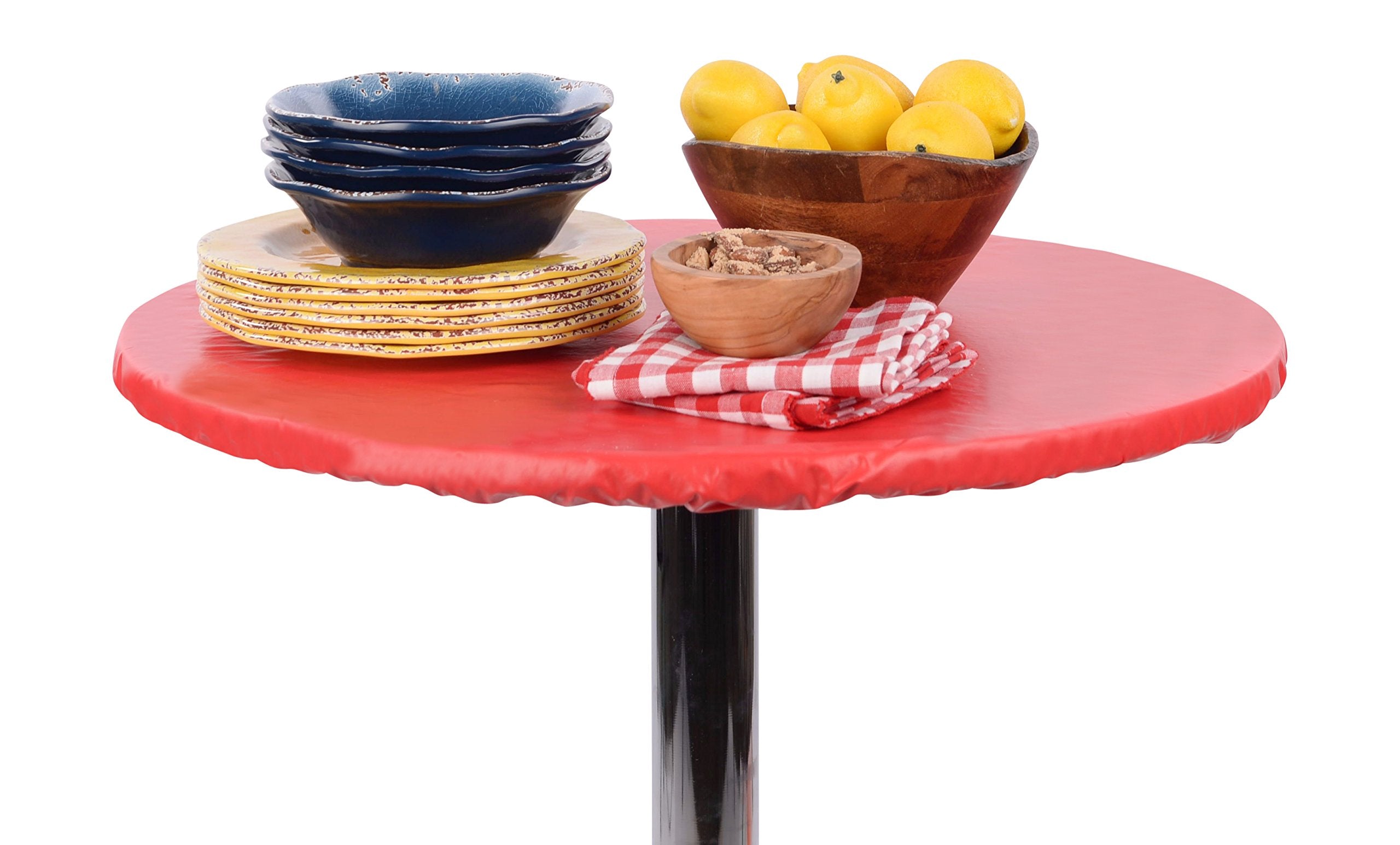 Yourtablecloth Heavy Duty Vinyl Round Fitted Tablecloth (Table Cover) with Flannel Backing Vibrant Colors Elasticized Tablecloth Great for Indoor and Outdoor Dining and Playing Cards 42” Black