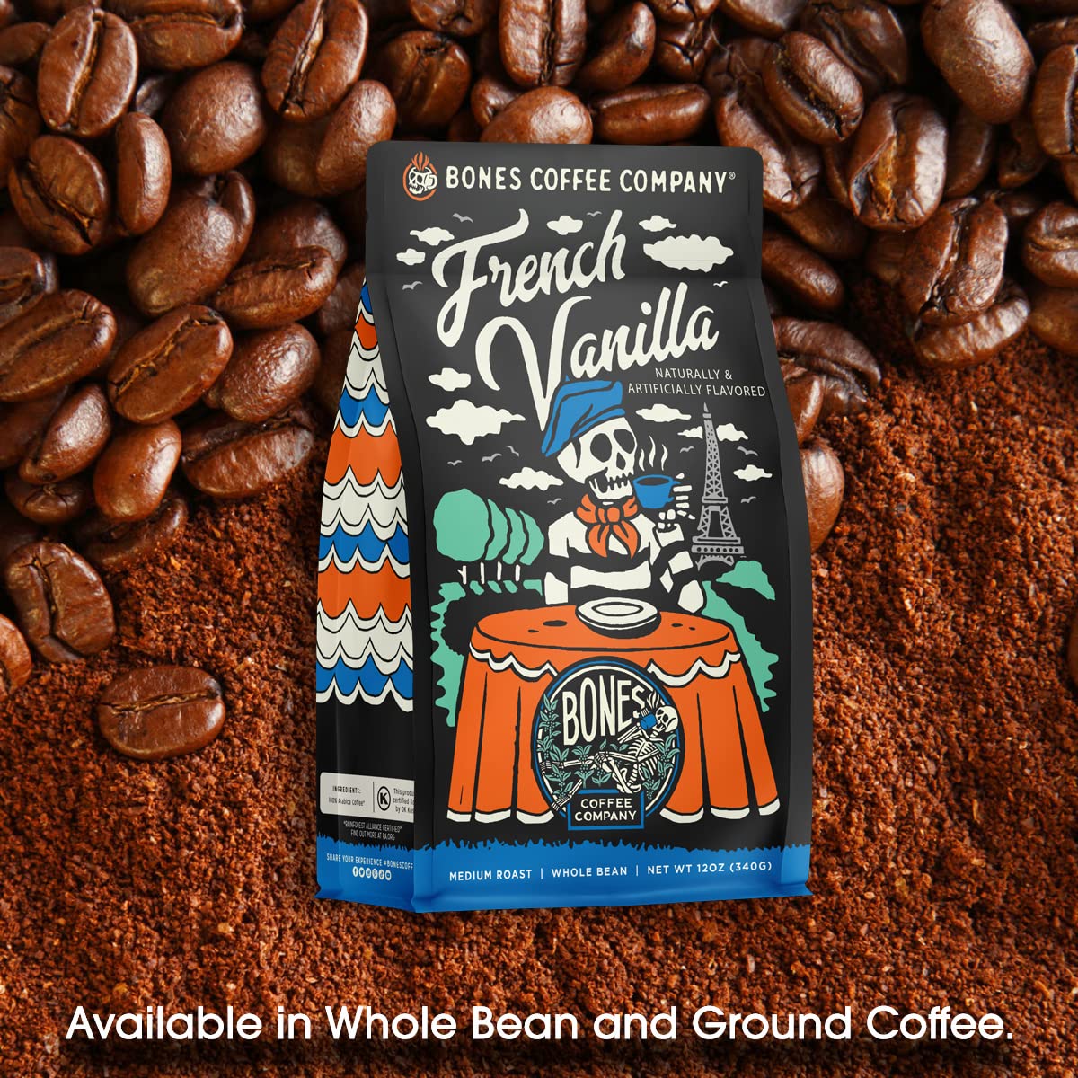Bones Coffee Company French Vanilla, Creamy Vanilla Flavored Coffee, Medium Roast Low Acid Arabica Beans Compatible with Auto drip and French Press Coffee Maker, 12 Oz Ground