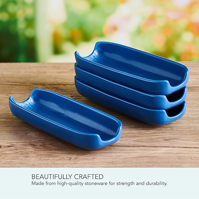 Pfaltzgraff Callie Blue Corn Dishes Set of 4, Stoneware Corn on the Cob Holders, 8.25 Inches Long, Dishwasher and Microwave Safe, Charming Blue Dinnerware for Family Meals