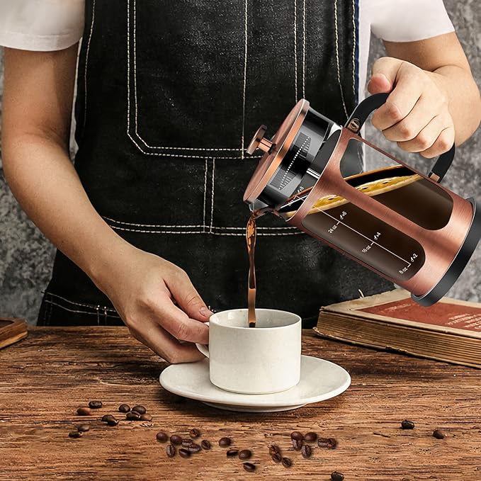 YMMIND French Press Coffee Maker (34oz 1Quart 5-6Cup) Coffee Press, with 4 Filters System, Heat Resistant Thickness Borosilicate Glass, Cold Brew Coffee Tea Pot Gifts (Copper)