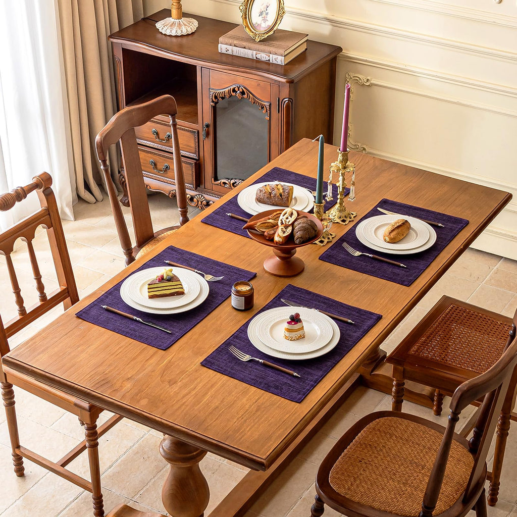 KXN Placemats Set of 8, Dual-Layer Thickened Faux Linen Table Mats, Heat Resistant & Wrinkle-Free, Machine Washable Cloth Place Mats for Kitchen Dining Indoor Outdoor (Purple)