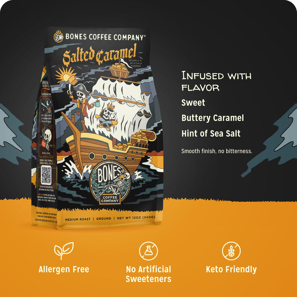 Bones Coffee Company Salted Caramel Flavored Coffee, Medium Roast Low Acid Arabica Beans Compatible with Auto drip and French Press Coffee Maker, 12 Oz Whole Bean