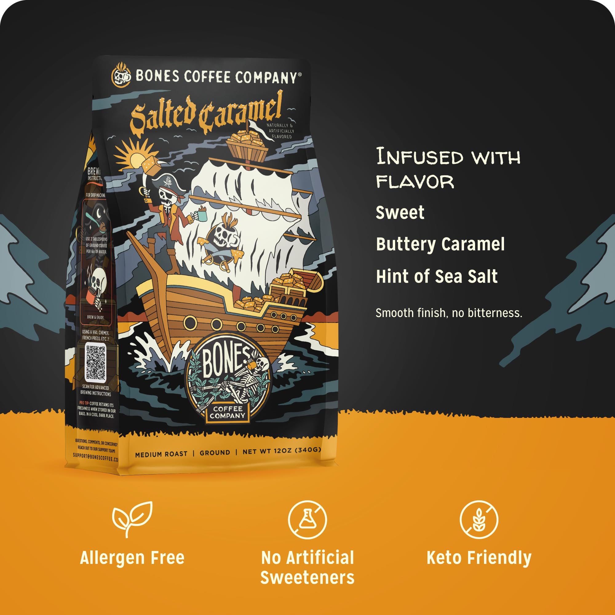 Bones Coffee Company Salted Caramel Flavored Coffee, Medium Roast Low Acid Arabica Beans Compatible with Auto drip and French Press Coffee Maker, 12 Oz Whole Bean