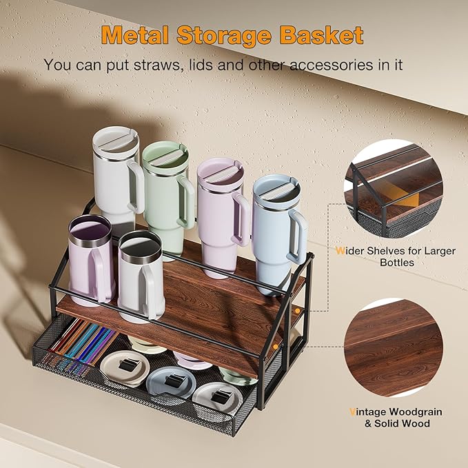 MOJOHAND 3-Tier Stanley Cup Rack with Basket for 8 Tumblers