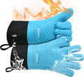 Loveuing Kitchen Oven Gloves - Dual-Layer Heat Resistant Grilling Gloves, Silicone Oven Mitts with 5 Fingers, Waterproof Non-Slip Pot Holder for Barbecue, Cooking, Baking (Small, Blue Long)