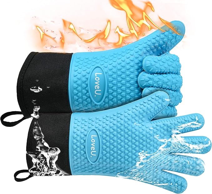 Loveuing Kitchen Oven Gloves - Dual-Layer Heat Resistant Grilling Gloves, Silicone Oven Mitts with 5 Fingers, Waterproof Non-Slip Pot Holder for Barbecue, Cooking, Baking (Small, Blue Long)